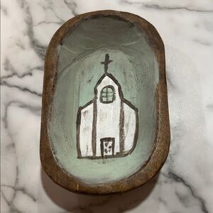 Handcrafted Wooden Dish with Church Design